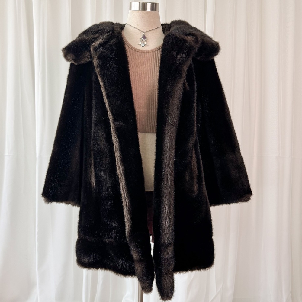 Vintage Faux Fur Coat Tissavel France Brown Hooded Coat Luxury Winter M/L
